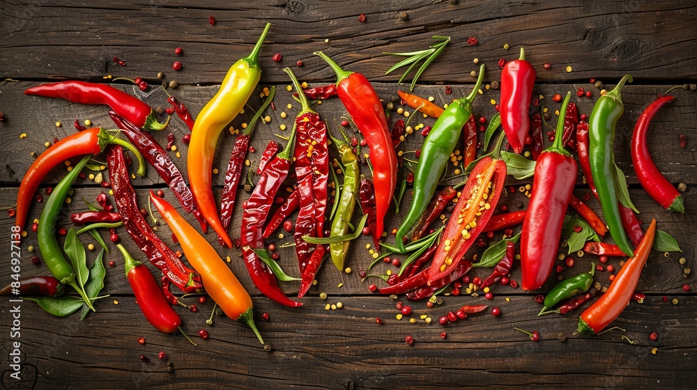 Poster a vibrant arrangement of fresh and dried chili peppers in various colors and types is spread out on 