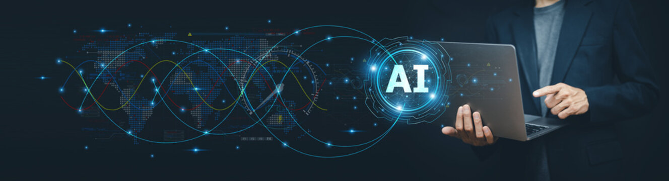Businessman using ai artificial intelligence management in logistic system support human work and reduce time to work in process.AI assitant planing to import export for business.