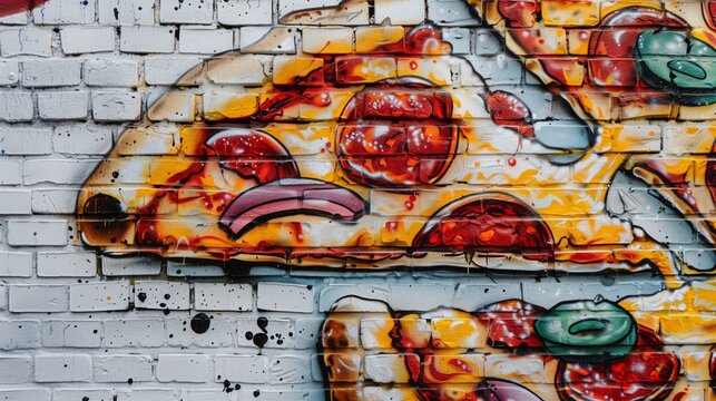 A close-up of graffiti depicting a mouthwatering pizza on a white brick wall