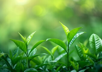 Fresh Green Tea Leaves in Sunlit Garden Close-Up.