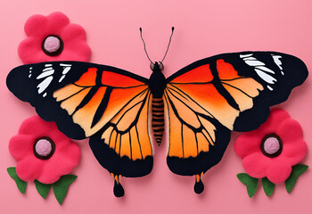Felt art of a beautiful butterfly spreading its wings among the flowers. 