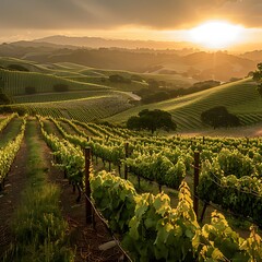 Fototapeta premium Sunrise illuminates vineyard rows on rolling hills