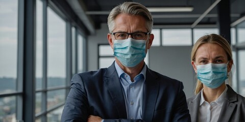 Two corporate professionals in formal attire wearing medical face masks in an office environment