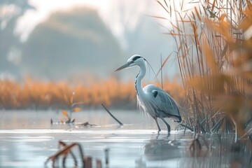 majestic heron wading through tranquil marsh with tall reeds in background wildlife photography