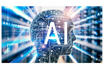 AI head with circuit patterns, digital transformation, artificial intelligence, technology innovation, high tech visuals, cyber theme, modern design, futuristic art