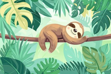 Fototapeta premium Sleepy sloth relaxing on tree branch in lush jungle environment with greenery and foliage around, cute animal illustration concept for nature and wildlife themes