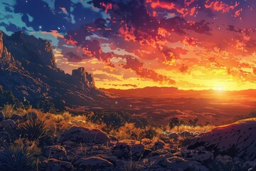 Naklejka premium mesmerizing anime sunrise vibrant rocky desert landscape bathed in warm golden light atmospheric yule scenery illustration