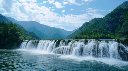 Fototapeta premium The waterfall in the Shadong River of Haidaitiered dam is located on an island