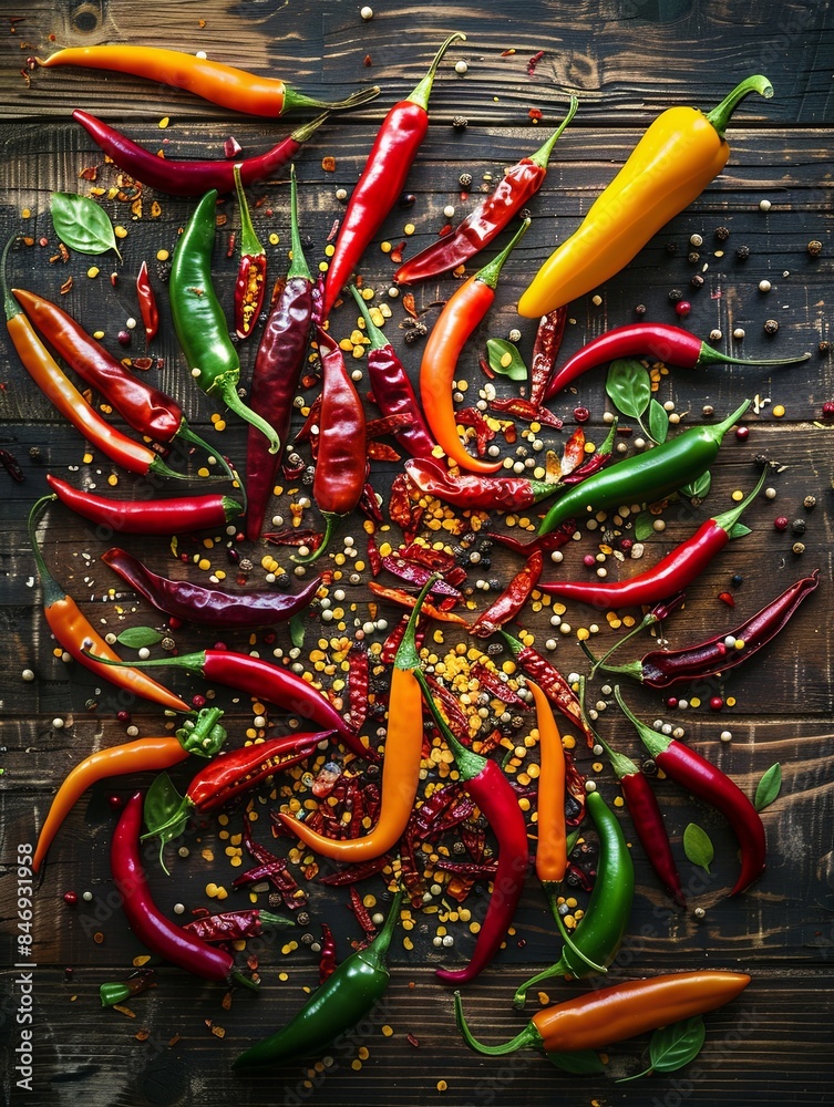 Poster a vibrant mix of fresh and dried chili peppers of various colors and types, scattered on a rustic wo