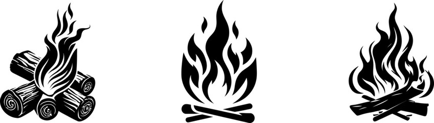 Bonfire icon collection .Fire is burning.Fire icon with a logs. . Fire flame vector silhouette.