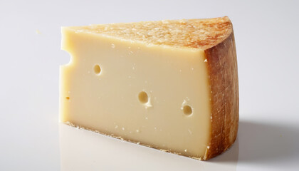 A single wedge of Swiss cheese with visible holes sits on a white surface. The cheese is pale yellow with a thin brown rind