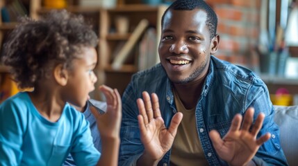 A parent with a hearing impairment using sign language with their children at home.