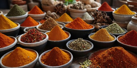 Fototapeta premium A vibrant display of various spices piled in colorful bowls at a market