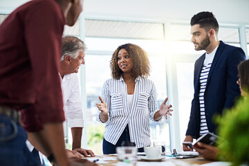 Business, people and meeting pitch in workplace, discussion and creative agency or company growth strategy. Colleagues, project idea and planning, proposal and professional employees or collaboration