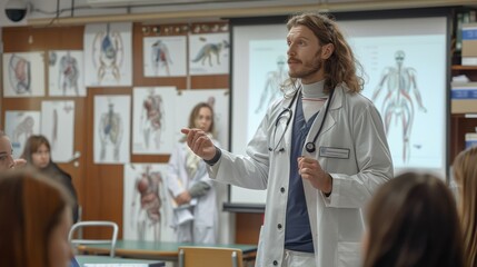 Obraz premium A veterinarian giving a lecture to veterinary students in a classroom, with a projector and anatomical charts on the walls. Beautiful light, bright. Generative AI.