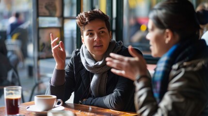 A person with a hearing impairment using sign language to communicate with a friend over coffee.