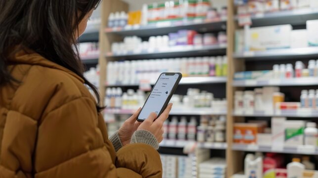 A person with a hearing impairment using a text-to-speech app to communicate with a pharmacist.