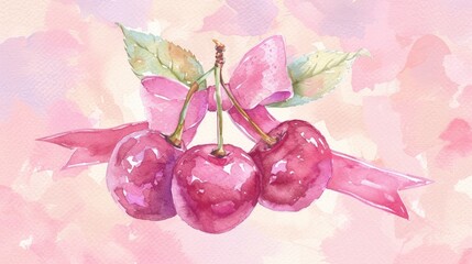 Aesthetic watercolor hand drawn cherries in hot pink with a pink ribbon bow