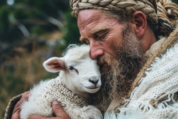 Closeup of a gentle shepherd sharing an affectionate moment with a young lamb