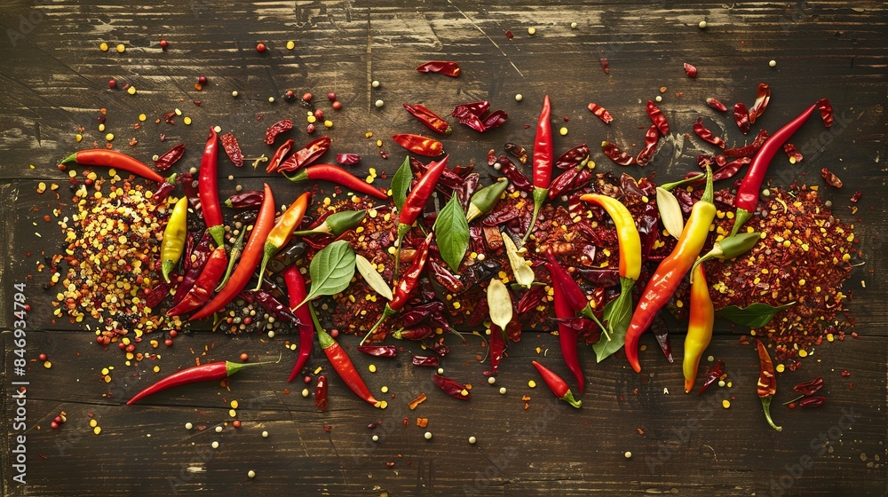 Poster a mix of fresh and dried chili peppers are scattered on a rustic wooden surface, showcasing a variet