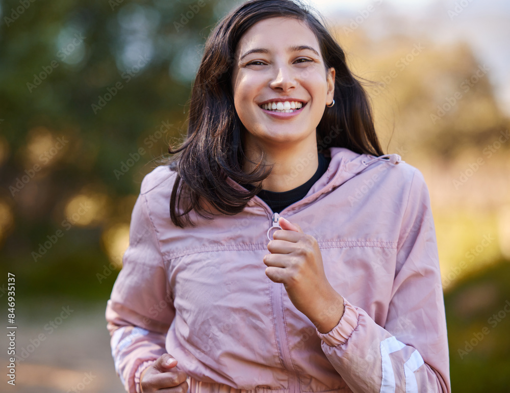 Poster Woman, portrait and running in nature for health, marathon training and outdoor fitness or exercise on path. Female person, jog and energy on mountain, cardio and athlete in forest for workout sports