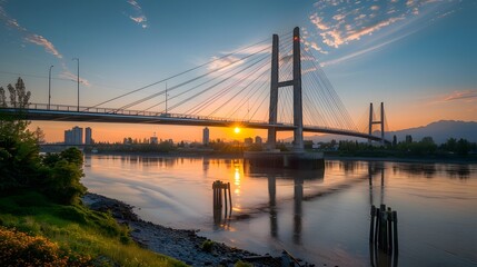Obraz premium Sunrise over a Suspension Bridge in a Cityscape