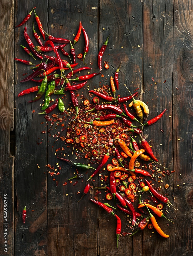 Poster a mix of fresh and dried chili peppers scattered on a rustic wooden surface. the peppers, in various