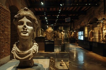 Sculpted bust from antiquity on display in a dimly lit museum gallery