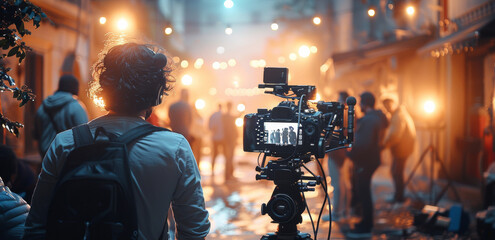 A dynamic scene of a diverse film crew assembling equipment, adjusting lighting, and setting up cameras on a professional video shoot set. Generative AI.