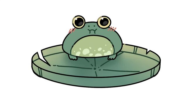 A frog blinks on a lotus leaf