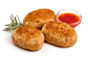 Fried pork cutlets in breadcrumbs, isolated on white background. High resolution image