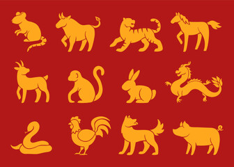 Chinese zodiac animals set. Golden zodiac animals in flat style isolated on the background.