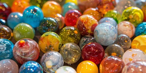 Fototapeta premium Colorful glass ornament balls, festive Christmas, New Year and Children's Day holiday toys and gifts. High definition wallpaper, background.