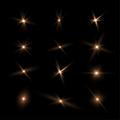 Fototapeta premium Set of abstract golden light effects with highlights on a black background. Vector 10 EPS
