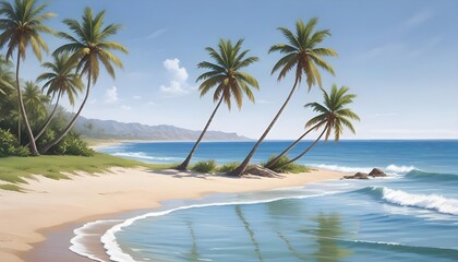 Fototapeta premium Palm trees seascape, paradise sand ocean beach background, banner poster header design