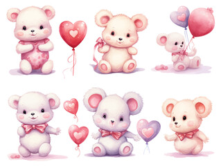 Set of teddy bears and balloon, party, Gifts, cute baby teddy bear. Draw vector illustration collection funny bear with pink heart for valentine's day. Watercolor style