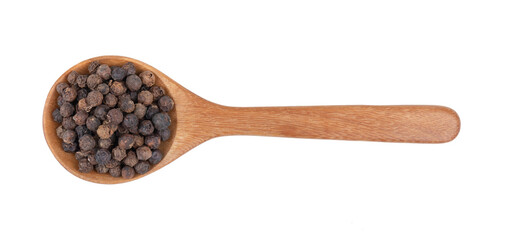 Black pepper corns in wood spoon isolated on transparent png top view