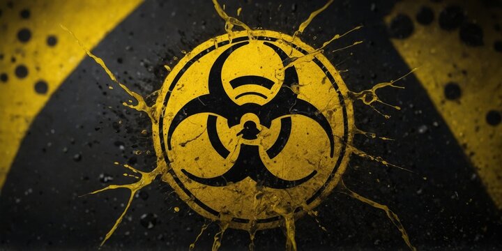 Artistic rendering of the biohazard symbol on a distressed yellow sign, representing danger and caution