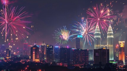 Illustration of the Malaysian skyline, Fireworks over the city of Kuala Lumpur. Ai generated image
