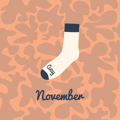 Textile children's cozy sock with inscription November, vector