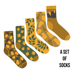 Set of warm colorful child warm socks in simple naive style, vector