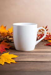 A mockup of an all white blank mug sitting on top of wood table with fall leaves in the background