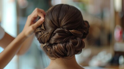 Fototapeta premium A stylist carefully arranges a womans brown hair into a complex updo, creating an elegant and stylish look.