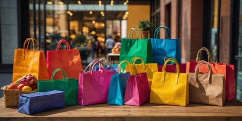 Vibrant and colorful shopping bags on a wooden table with fresh fruits, indicative of a cheerful shopping experience