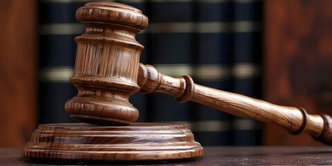 Symbol of Law and Justice Wooden Judge Gavel in a Courtroom. Concept Law and Justice, Wooden Gavel, Courtroom, Legal System, Symbolism