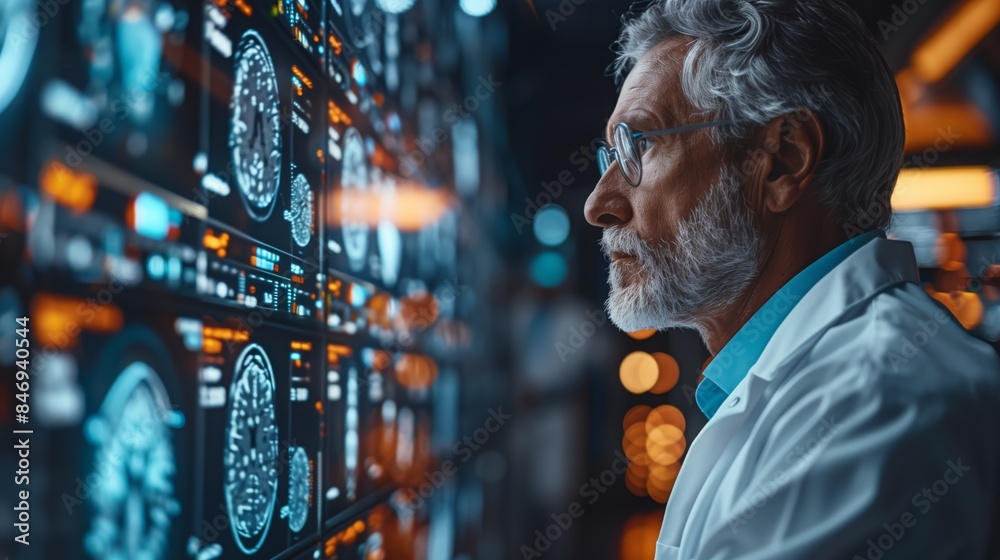 Poster a senior neurologist intently examines a holographic display of detailed brain scans during a consul