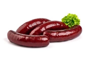 Smoked german sausages, isolated on white background