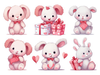 Set of teddy bears and balloon, party, Gifts, cute baby teddy bear. Draw vector illustration collection funny bear with pink heart for valentine's day. Watercolor style