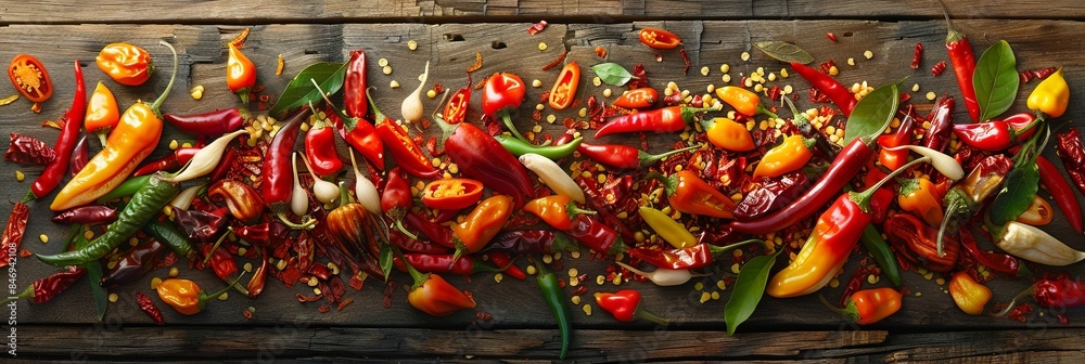 Poster a collection of fresh and dried chili peppers in various colors and shapes, arranged on a rustic woo