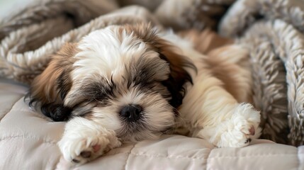 A cuddly Shih Tzu puppy curled up asleep on a cozy bed, isolated on a clean background 
